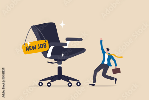 New job offer or new career opportunity, employment and recruitment, promoted to new position or hiring staff for vacancy concept, happy cheerful businessman greeting with his new job office chair. photo