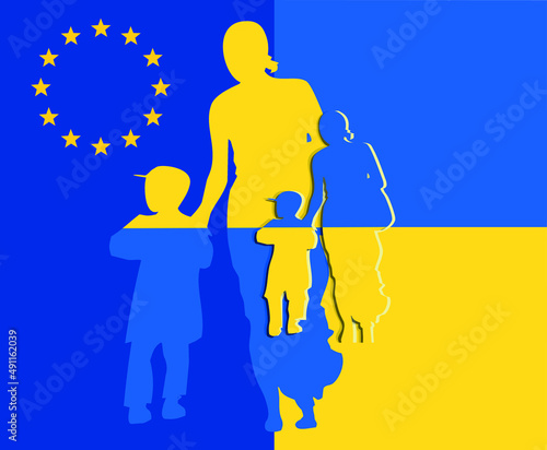 Cut out Silhouette of a mother with child, refugees fleeing the war. Flag of european union and ukrainian flag. Refugees welcome concept. Ukraine and Russia military conflict, Solidarity with Ukraine