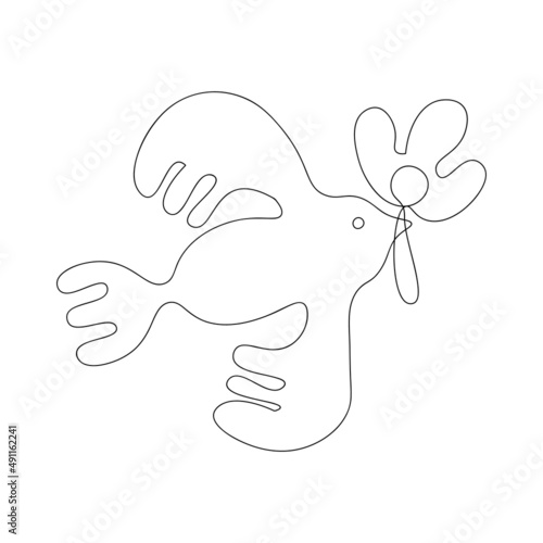 Bird with a Flower in Beak. Hand Draw Line Vetor