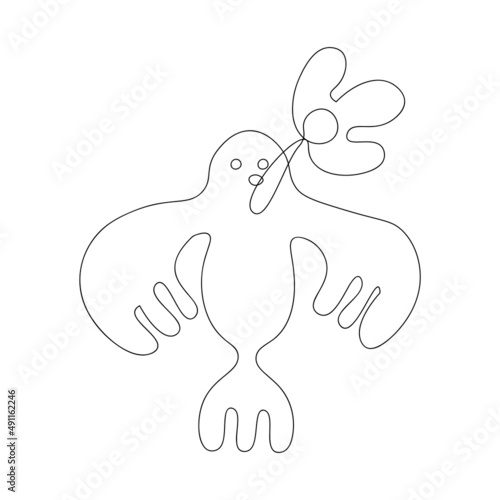 Bird with a Flower in Beak. Hand Draw Line Vetor