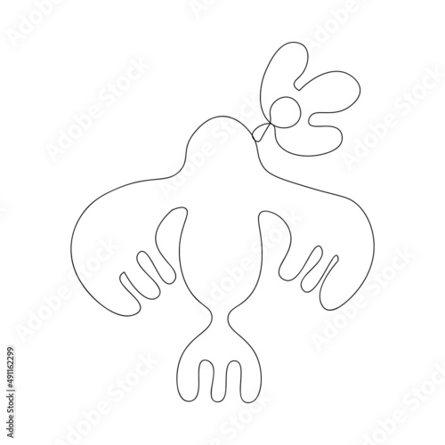 Bird with a Flower in Beak. Hand Draw Line Vetor