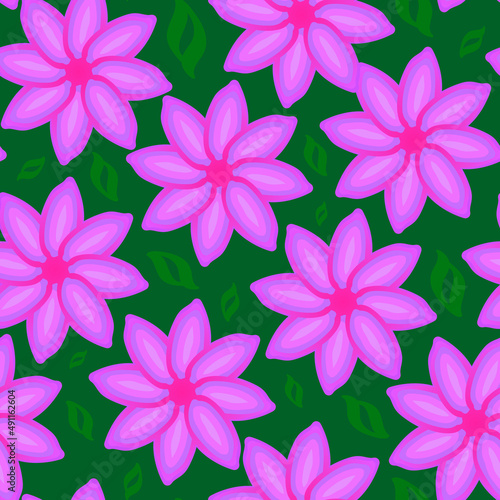 Seamless pattern, stylized pink flowers and leaves