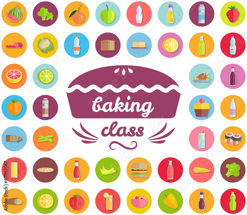 Baking masterclass emblem design with hand drawn pie. For cafe brand, cooking pastries poster. Bakery school badge surrounded by cooking symbols, icons of food and drinks. Baking class design elements