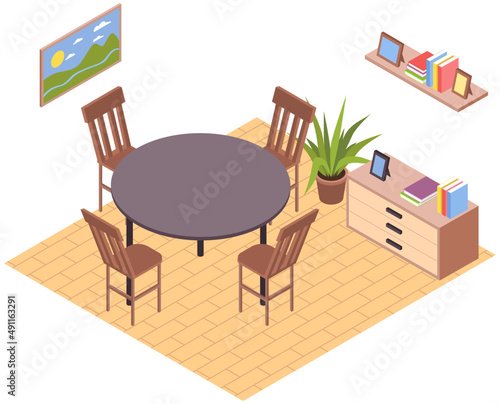 Dining round table with wooden chairs in modern interior of living room. Cosy furnished apartment, room elements of furniture home chest of drawers, potted plant and shelf with pictures, decorations
