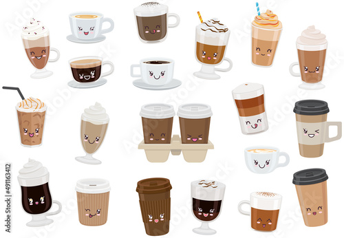 Cute cups of coffee set sticker kawaii icon vector design. Adorable cute hot drinks, coffee to go, latte in cup with positive emotions, japanese, oriental culture symbol anime, facial expression