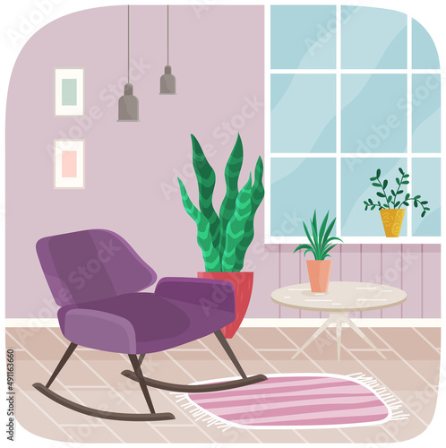 Purple rocking chair in interior with striped carpet and large window. Living room interior with furniture for elderly. Arrangement of furniture and decorations in apartment with rocking chair