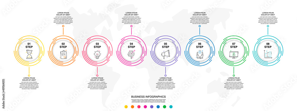 Modern 3D vector illustration. Circular infographic template with eight elements. Contains icons and text. Designed for business, presentations, web design, 8-step diagrams. Modern 3D vector illustration. Circular infographic template with eight elements. Contains icons and text. Designed for business, presentations, web design, 8-step diagrams.