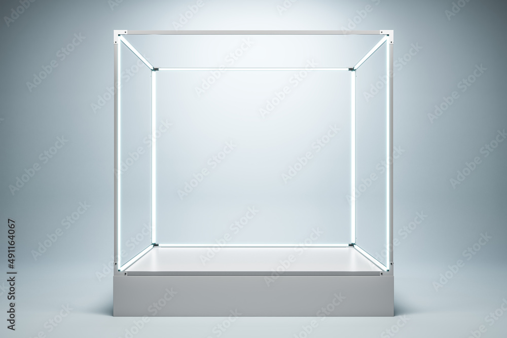 Empty illuminated glass showcase with mock up place on white wall background. 3D Rendering.