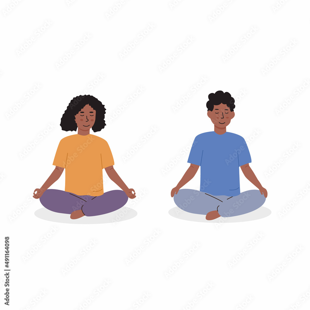 Diverse kids meditating. Children doing yoga exercise. Meditation lesson in kindergarten concept. African boy and girl sitting on floor and practicing mindfulness. Vector flat illustration isolated.