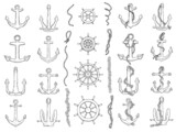Anchors, rudders and ropes vector set. Black white doodle sketch outline isolated illustration.