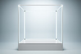 Empty illuminated glass showcase with mock up place on white wall background. 3D Rendering.