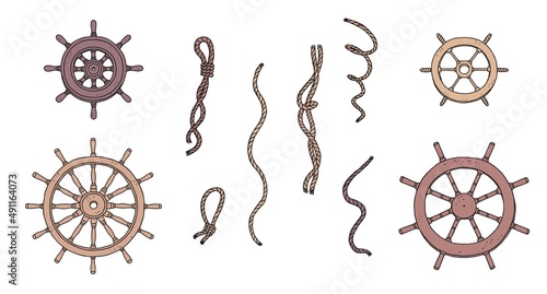 Set of steering wheel rudders and ropes. Vector doodle sketch outline retro isolated illustration.