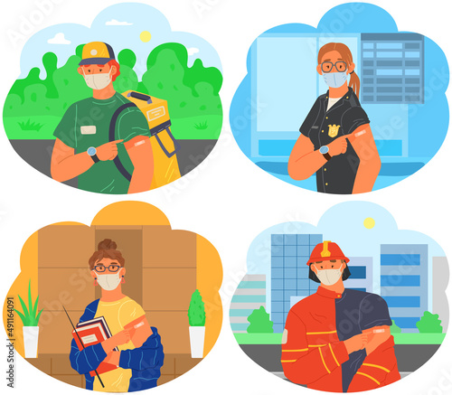 Stop coronavirus agitation concept. Vaccination promo, immunization of workers. Vaccine saves lives. People wearing protective mask showing their arm with bandage after receiving covid-19 vaccine