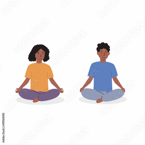 Diverse kids meditating. Children doing yoga exercise. Meditation lesson in kindergarten concept. African boy and girl sitting on floor and practicing mindfulness. Vector flat illustration isolated.