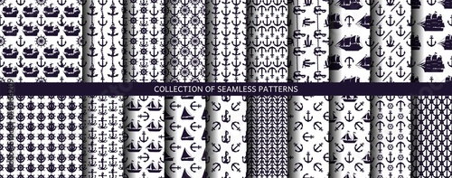 Set seamless pattern of silhouette ships, anchors and steering-wheel rudders. Vector black doodle outline marine transport and nautical device on white background.