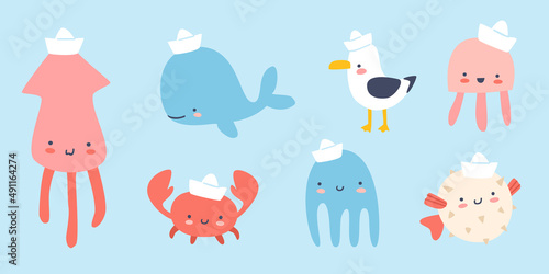 Obraz na plátně Collection of cute sea animals in sailors hat