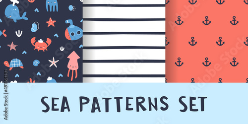 Sea patterns collection for baby fabric. Marine prints set for kids apparel. Cute seamless vector patterns bundle.