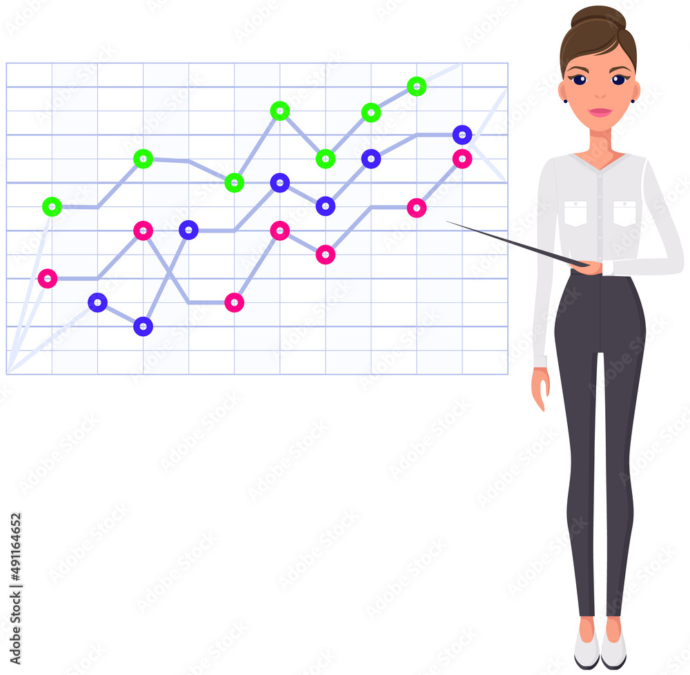 Woman studies statistics on presentation. Female character while working or studying with report. Girl working and analyzing financial statistics. Female marketer examines information about metrics Woman studies statistics on presentation. Female character while working or studying with report. Girl working and analyzing financial statistics. Female marketer examines information about metrics