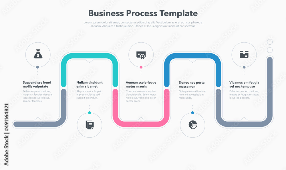 Fototapeta premium Simple business process template with five steps. Easy to use for your website or presentation.