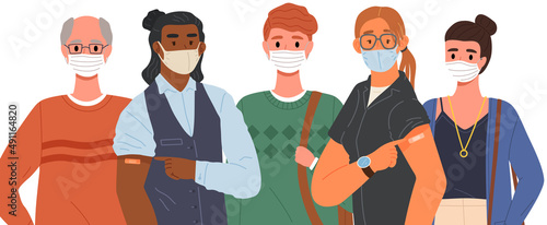Stop coronavirus agitation concept. Vaccination promo, immunization of workers. Vaccine saves lives. People wearing protective mask showing their arm with bandage after receiving covid-19 vaccine