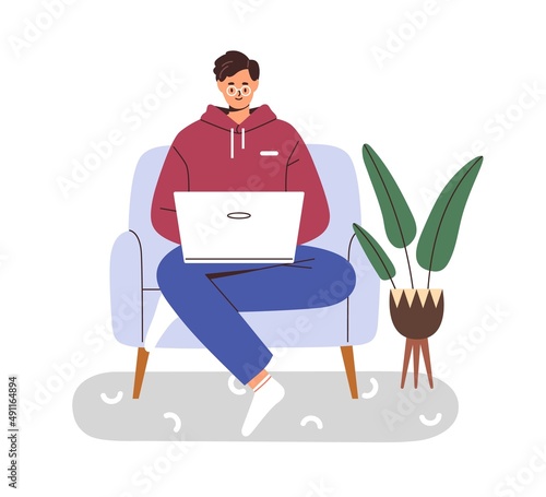 Person works and studies online, sitting in chair at home. Freelance worker at laptop computer in armchair. Man student in eyeglasses uses device. Flat vector illustration isolated on white background