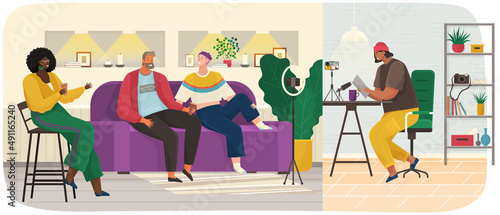 Radio host interviewing people. Character records podcast, works with guests at radio station. Broadcasting live, recording interview in studio. Communication with journalists during podcast