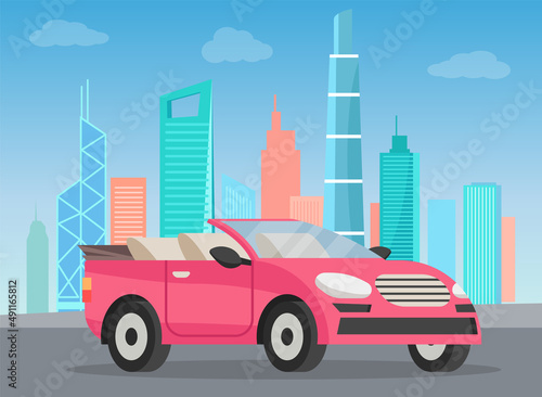 Pink cabriolet on city road cartoon vector illustration. Stylish car for women, girly auto without roof flat color object. Luxurious personal transport fashion automobile in cityscape with skyscrapers