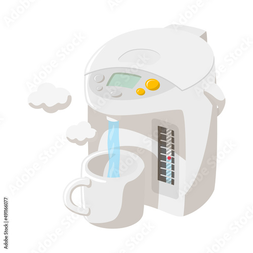 電気ポットでマグカップにお湯を注ぐ
