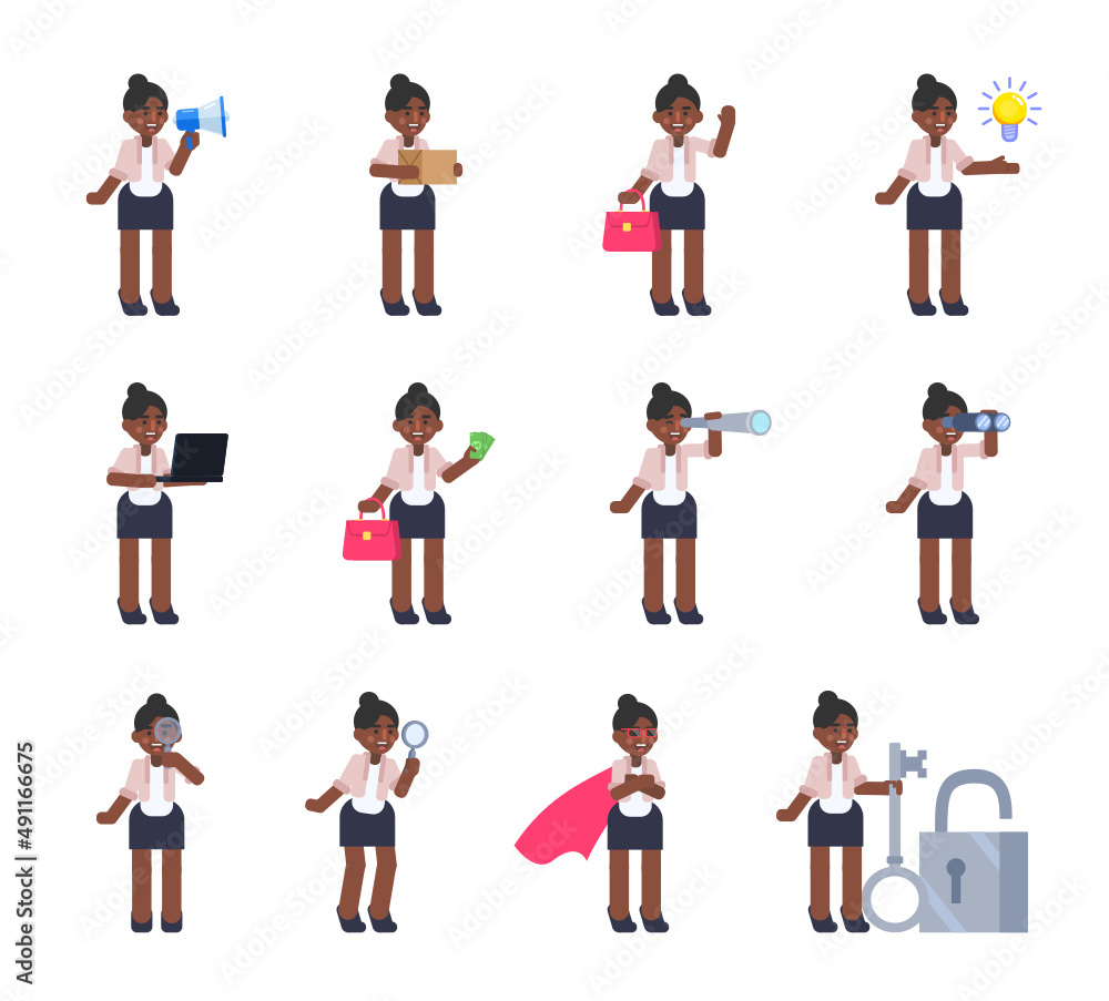 Fototapeta premium Set of businesswoman characters in various situations. Woman holding loudspeaker, package box, spyglass, magnifier, money and other actions. Modern vector illustration