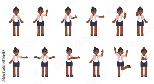 Set of woman characters showing various hand gestures. Cheerful businesswoman showing thumb up, greeting, victory sign and other gestures. Modern vector illustration © paper_owl