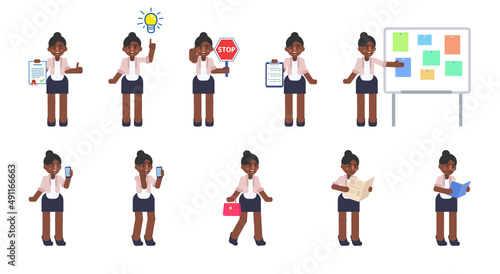 Set of businesswoman characters in various situations. Woman holding document, clipboard, stop sign, talking on phone, running, reading and other actions. Modern vector illustration