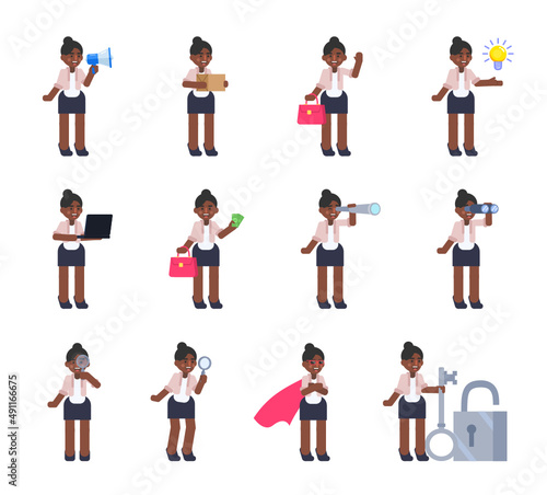 Set of businesswoman characters in various situations. Woman holding loudspeaker  package box  spyglass  magnifier  money and other actions. Modern vector illustration