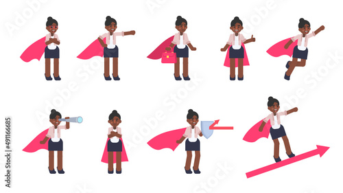 Set of businesswoman characters with super hero cloak in various situations. Modern vector illustration