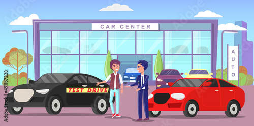 Car center, people customer buyer choosing automobile in store. Test drive of auto, auto showroom, sale of luxury transport, girl in distribution shop. Character examines transport for purchase