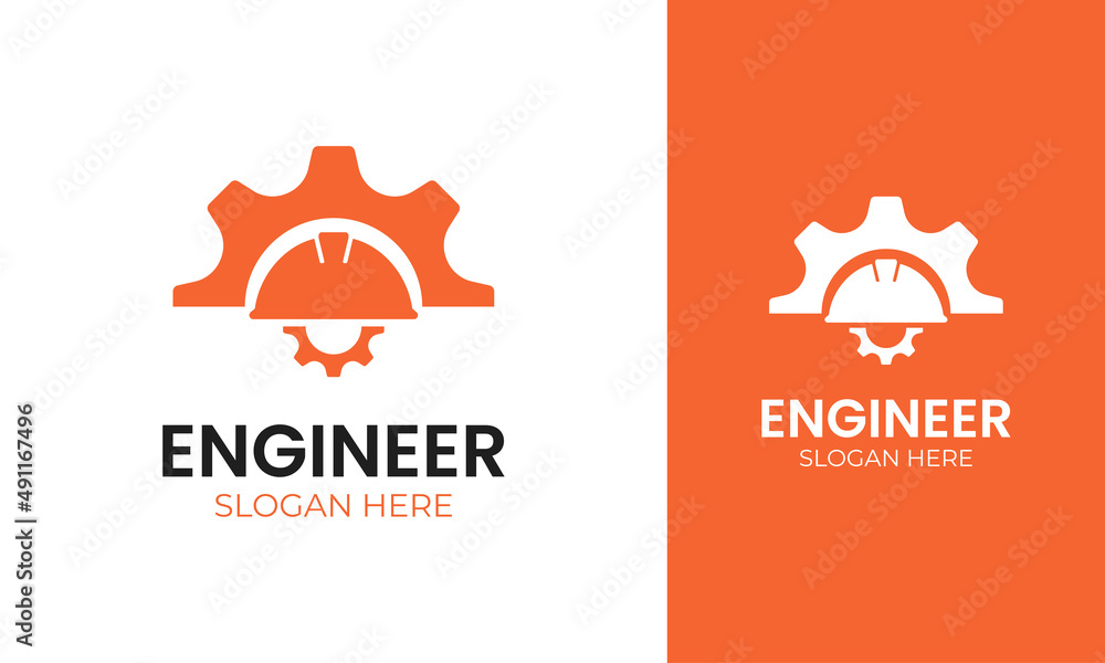 Engineer logo design with safety helmet and gear icon for industrial
