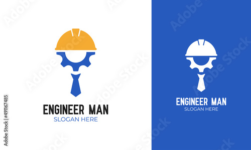 Engineer man logo design with helmet, gear, and tie vector illustration
