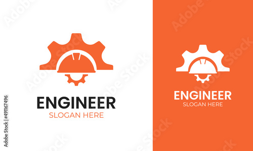 Engineer logo design with safety helmet and gear icon for industrial 