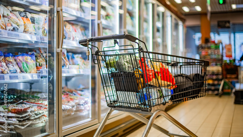 A shopping cart with grocery products in a supermarket photo