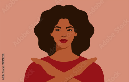 Strong African American woman crossed her hands and looks forward. Protest and solidarity concept for gender equality and of the female empowerment movement. Vector illustration