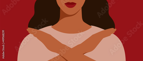 Brave woman crossed hands and protects her rights. Support and solidarity concept for gender equality and of the female empowerment movement. Vector illustration