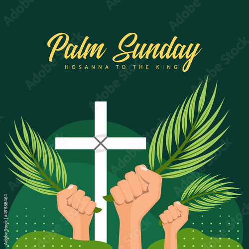Palm sunday - hands holding palm leaves and white cross crucifix sign on curve and dot texture green background vector design