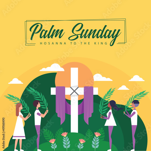 Palm sunday - People holding palm standing around the cross white cross crucifix sign and sun vector design