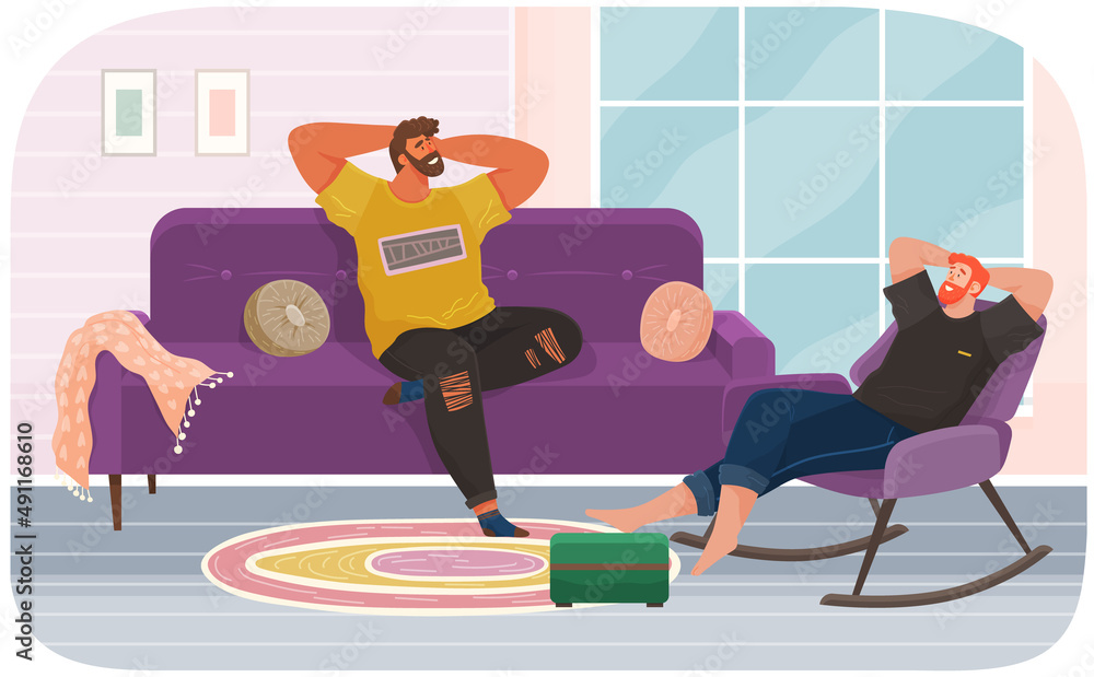 Man lying on sofa in apartment. Happy young guy relaxing, dreaming. Rest on couch and think about something. Home leisure. Male character lies on divan and smiles, enjoying time at home after work Man lying on sofa in apartment. Happy young guy relaxing, dreaming. Rest on couch and think about something. Home leisure. Male character lies on divan and smiles, enjoying time at home after work