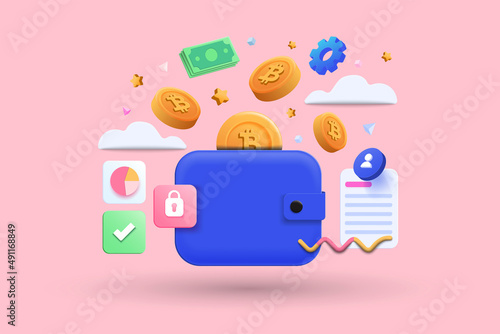 Blue bitcoin wallet with coins and cash isolated on pink background. Online shop, finance, banks, money-saving, cashless society concept. 3d vector illustration