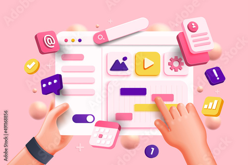 Realistic web page with dashboard for business and digital marketing concept. Data analytics, dashboard and app management. 3D Vector Illustrations.