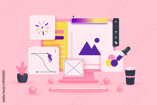 Web UI-UX design, web development concept. Web design, application design, coding, and web building on white background. 3d Vector Illustration