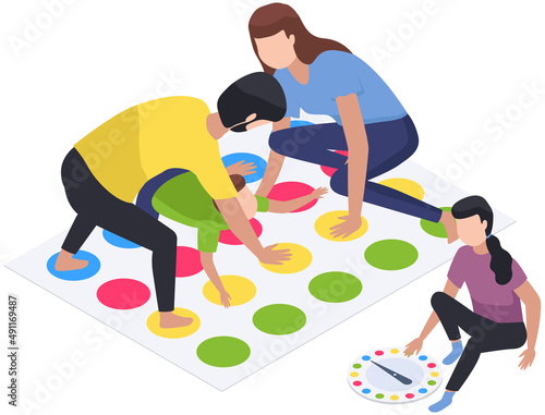 Happy children playing board game with parents, have fun at home. Family entertainment scenes. People sit together at table or on floor in living room play games. Parents and kids in everyday life