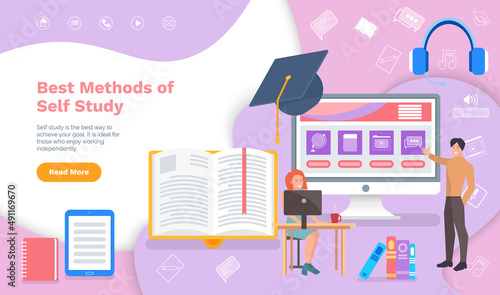 Best methods of self study, online education website lading page template. Home assignment, screen of home tasks, smartphone earphones. People working with online courses program for learning