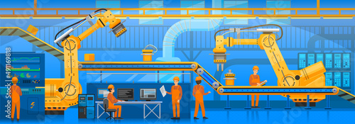 Robotic arm raises goods and stacks them on conveyor. Automated robotic production line for packaging of items with workers. Technical team works with technologies, equipment, machines at factory