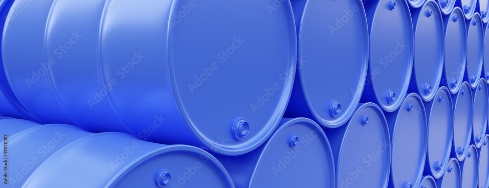 Fototapeta premium Blue color metal barrel stack background, close up. Oil and gas industry. 3d render